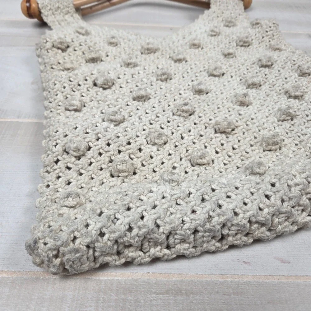 Vtg Mister Ernest Handbag Macrame Crochet Tote Bag Bamboo Wood Handle Cream Boho